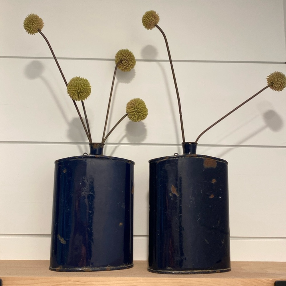 Vintage enamel flask/bud vases UNIQUE! Stunning blue! SET OF 2!